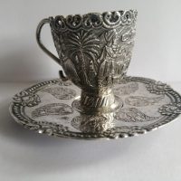 Exquisite &amp; RARE WW2 Iraqi Silver MINIATURE Cup &amp; Saucer BAGHDAD Marsh Arab