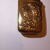 Meji Brass Vesta DELIGHTFUL Momotaro (aka Peach Boy) Expelling Oni Devil