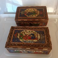 TWO (2) rare &amp; beautiful Persian inlaid Boxes c1920 AMAZING miniature paintings Gold