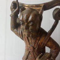 Rare Qing Chinese Temple Guardian Gilt &amp; lacquer WOOD riding demon through waves