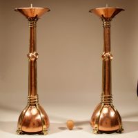 Art Nouveau/Art Deco Dutch School Important Impressive Large Pair Of Copper And Brass Signed Candle Sticks