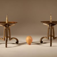 Art Nouveau/Art Deco Dutch School Rare Wrought Brass Pair Of Pricket Candlesticks.