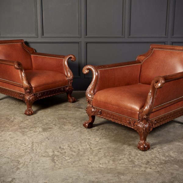 Pair of Carved Mahogany &amp; Leather Library Armchairs