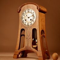 Art Nouveau Very Stylish And Elegant Oak Inlaid Mantel clock Circa 1900