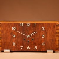 Art Deco French Very Stylish Walnut And Chrome Westminster Mantel Clock.