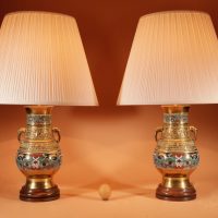 Impressive Pair Of Japanese Brass And Enamel Champlevé Japanese Table Lamps.