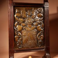 Dutch Interesting Family Hubrecht Coat Of Arms Embossed And Chased Brass And Oak Fire Screen.