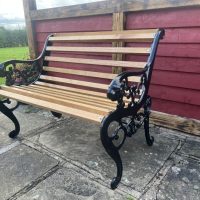 Restored Victorian Cast Iron &amp; Oak 2-Seater Garden Bench – Lion Mask / Beast Armrests.