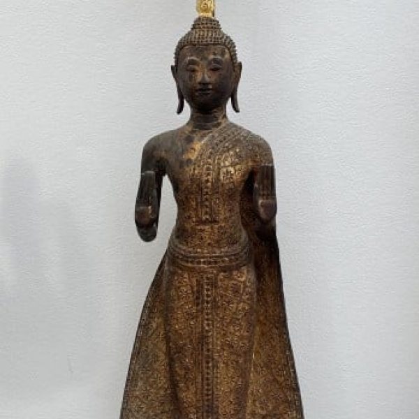 TH021 THAI BRONZE STANDING BUDDHA WITH GILDED GOLD, BEGINNING RATTANAKOSIN PERIOD, LATE 18th CENTURY