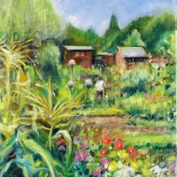Original oil on canvas ‘Allotments’. Initialed RC. Unframed.