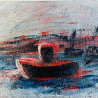 Original oil on board ‘Boats in a estuary’ by Doreen Heaton Potworowski 1930-2014. C.1970. Provenance; The artists estate.