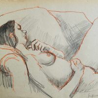 original pencil and chalks ‘Reclining nude’ by Toby Horne Shepherd 1909-1993. Signed. C.1965. Provenance; Helen Hale ROI.