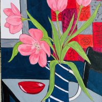 Original mixed media on card ‘Flowers in a vase’ by Irene Stocks. B.1943. Initialled. Provenance; The artist.