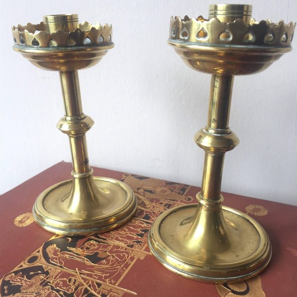 Pair Antique Victorian Gothic Gothick Brass Candlesticks Candleholders Very Decorative and Practical, 6&#8243; High