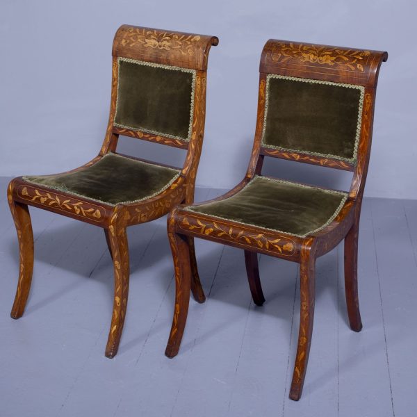 Pair of Dutch Marquetry Inlaid Walnut Side Chairs