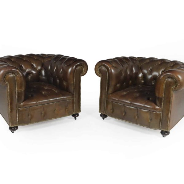 Pair of Brown Leather Chesterfield Club Chairs