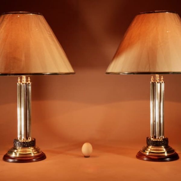 Classical 4 Columns Brass And mahogany Beautiful Pair of Table Lamps.