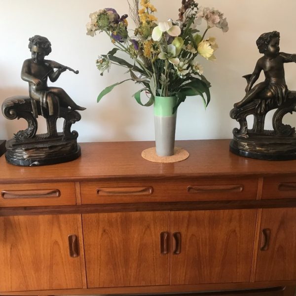 Large Pair Bronze Cherub Musicians On Black Marble Plinths