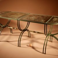Exceptional Four Parts Art Deco Wrought Iron, Brass And Original Glass French Coffee Table.
