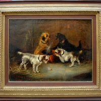 Playful Terriers in a Barn by Frank Cassell (British, 1862-1908)