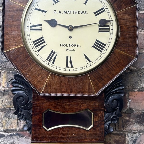 Fantastic Brass Octagonal inlaid single Fusee Wall Clock &#8211; ca 1880