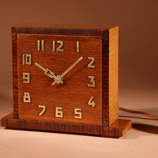 Amsterdam school Art Deco Early Electrical Oak And Rosewood Mantel Clock Circa 1920-40