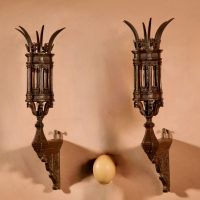 Interesting Very Fine Cast Pair Of Small White Metal God Lamps / Lanterns