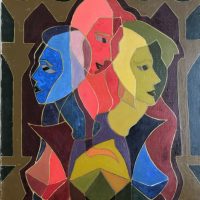 Original oil on canvas &#8216;Triple portrait&#8217; by Elizabeth Goudge. Signed Elizabeth Harvey on the stretcher. Dated 1947.