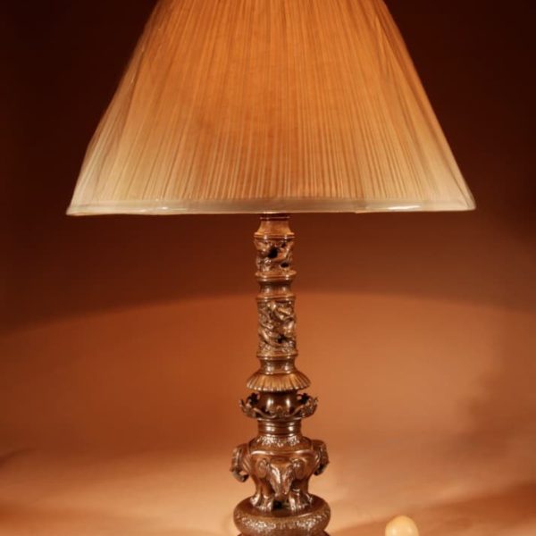 Impressive Original Bronze Japanese Elephant Table Lamp, Meiji Period 1868-1912