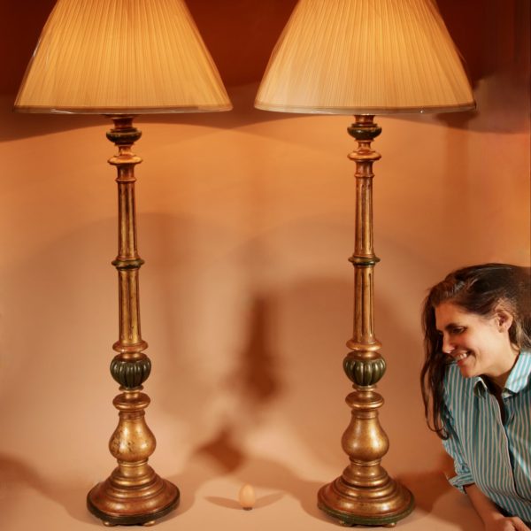 A Pair Of Very Decorative Italian Renaissance Style Turned And Carved Gilded Wooden Standard Lamps.
