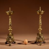 A Real Pair Of Original Southern Netherlands (Flemish) Brass Pricket Candle Sticks Circa 1680.