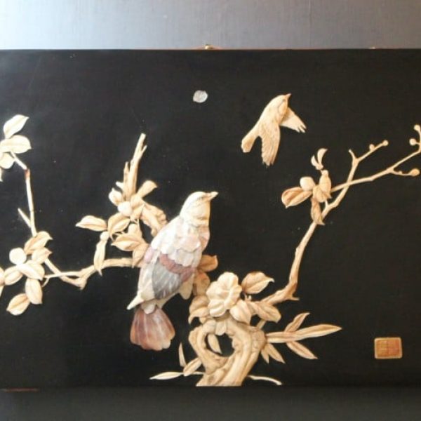 Japanese Shibayama Panel. Lacquered Carved Inlaid Wall Panel