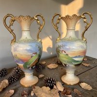 ANTIQUE VASES.PAIR OF ART DECO PERIOD HAND PAINTED GARNITURE VASES