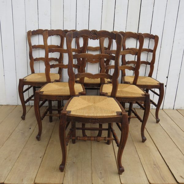 Set Of Six French Oak &amp; Rush Seated Dining Chairs