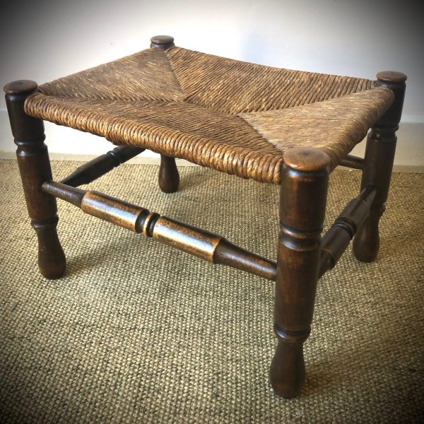 Antique/Vintage Beech Foot Sool With Rush Seat In Good Condition C.1910