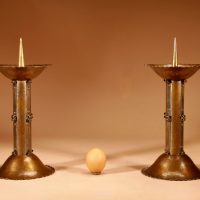  Amsterdam School Brass Pricket Patinated Candlesticks.
