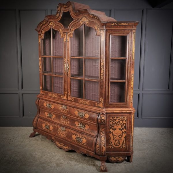 Large Dutch Marquetry Inlaid Walnut Bombe Cabinet 6