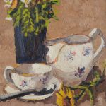 Still life with flowers, tea cup and jug. Oil on canvas