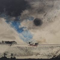 Boat on a Moonlit Seascape. Watercolour on paper