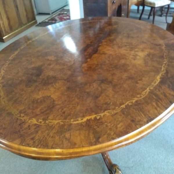 Oval Walnut Victorian Inlaid Tilt Top Table