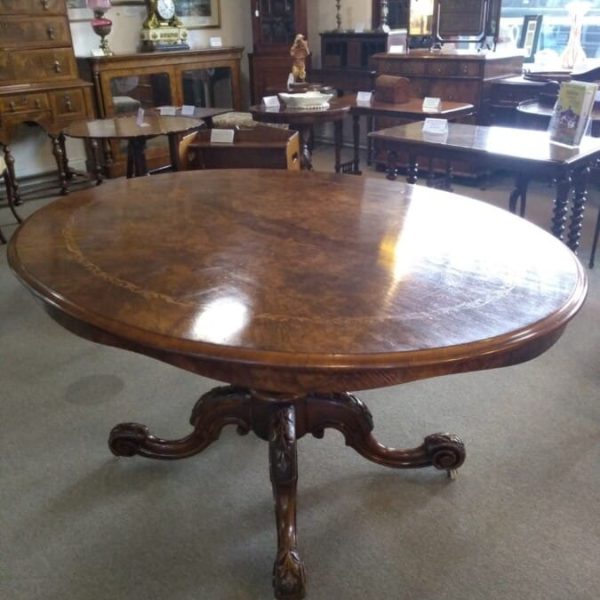 Oval Walnut Victorian Inlaid Tilt Top Table