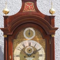 19THC Pagoda Top Longcase Clock in Solid Mahogany Case Arched Silver &#038; Brass Dial Signed Joseph Herring London
