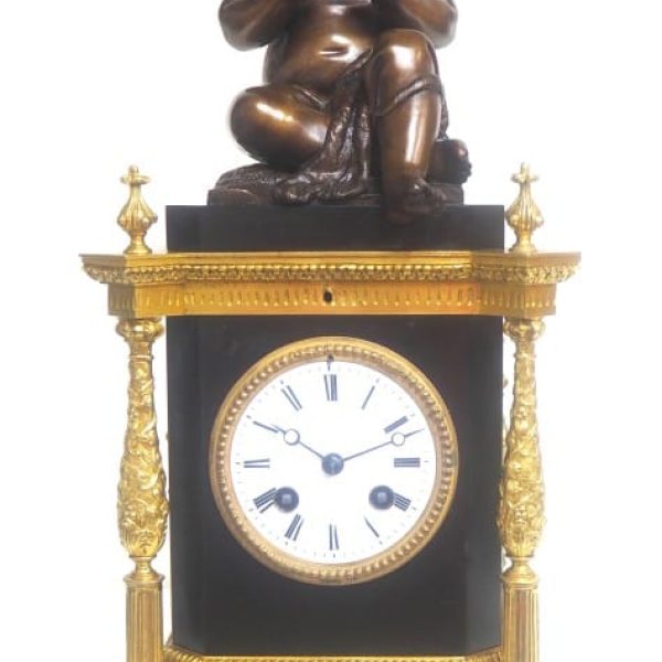 Antique Ormolu Bronze Mantel Clock Trumpet Playing Child Solid Bronze Bell Striking 8-Day Mantle Clock