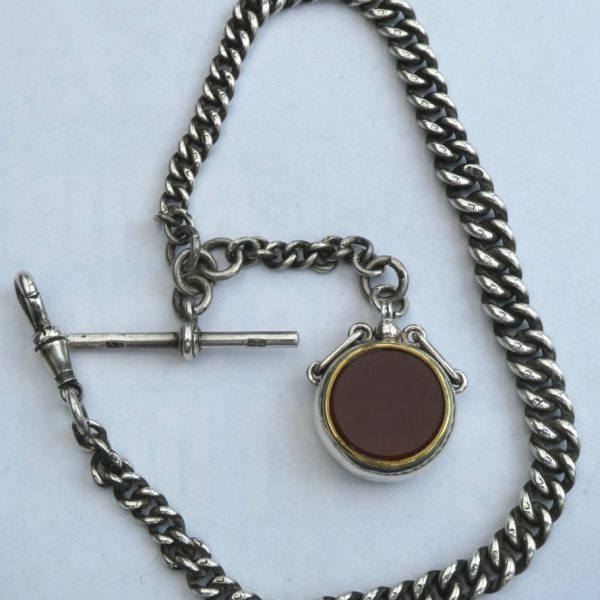 Bloodstone Silver Fob With Solid Silver Pocket Watch Chain T-bar &amp; Lobster Clip Circa 1906