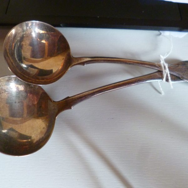 PAIR SILVER GEORGIAN 1814 LADELS   16 CM  79 GRAMS  CLEAR MARKS  FREE POST UK