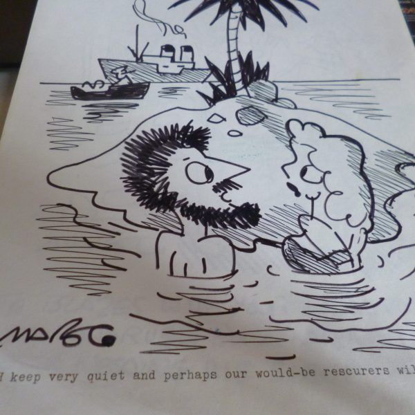 BOB CORAM CARTOON  SIGNED MAROC  26 CM BY 20 CM [KEEP QUIET PERHAPS RESCUERS WILL GO AWAY