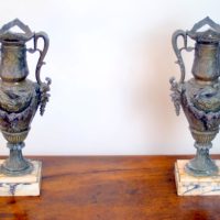 Fine Pair of 19th-Century French Classical Bronzed Spelter &amp; Veined Marble Urns