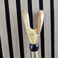 Thumb stick hiking stick Spelted Beech with rams horn tips &amp; buffalo collar