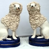Pair of Antique English Victorian Staffordshire Seated Poodles