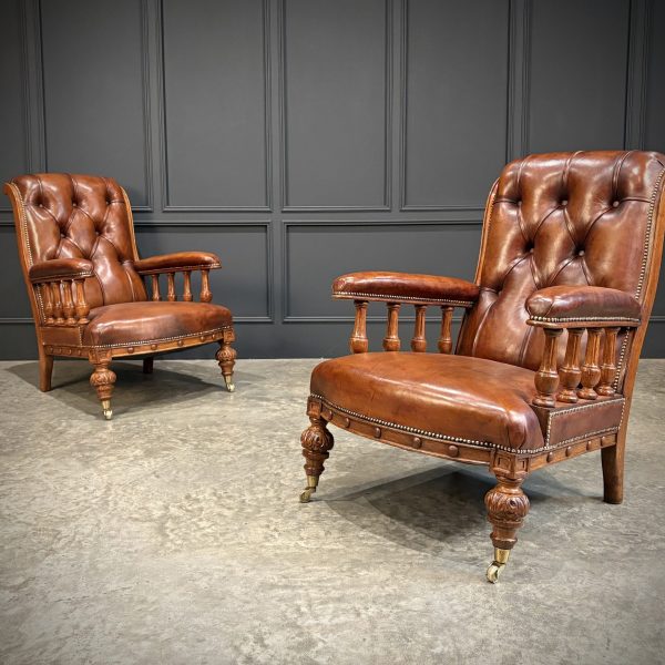 Pair of Oak &amp; Buttoned Leather Library Armchairs